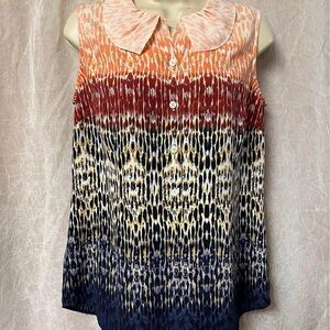 CAbi Orange and Blue Sleeveless Blouse with Peter Pan Collar